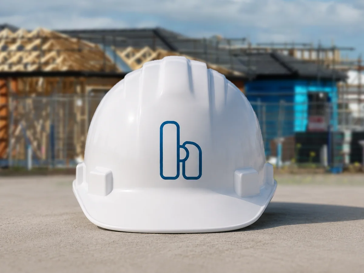 White hard hat with the HFG icon on a construction site