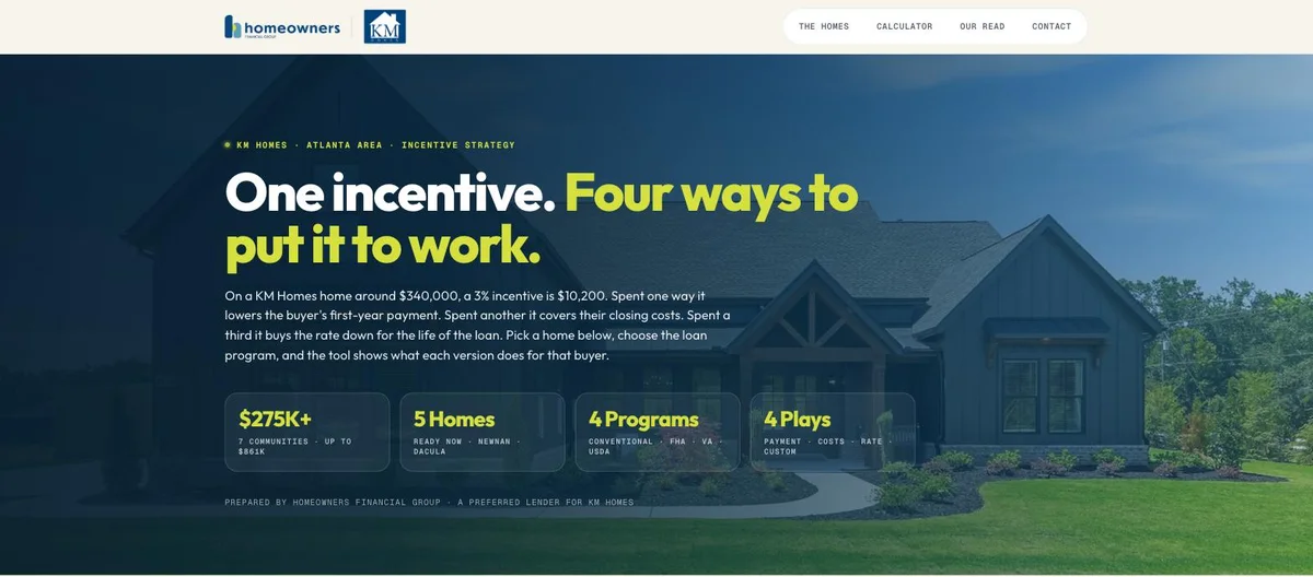 Example co-branded builder site with an incentive strategy calculator