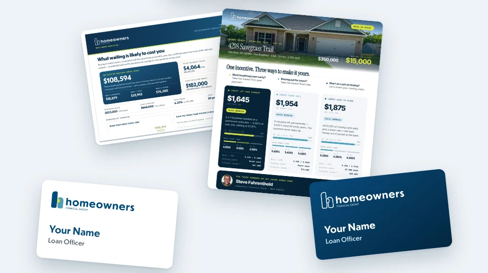 HFG print pieces: a client report, a listing flyer and business cards