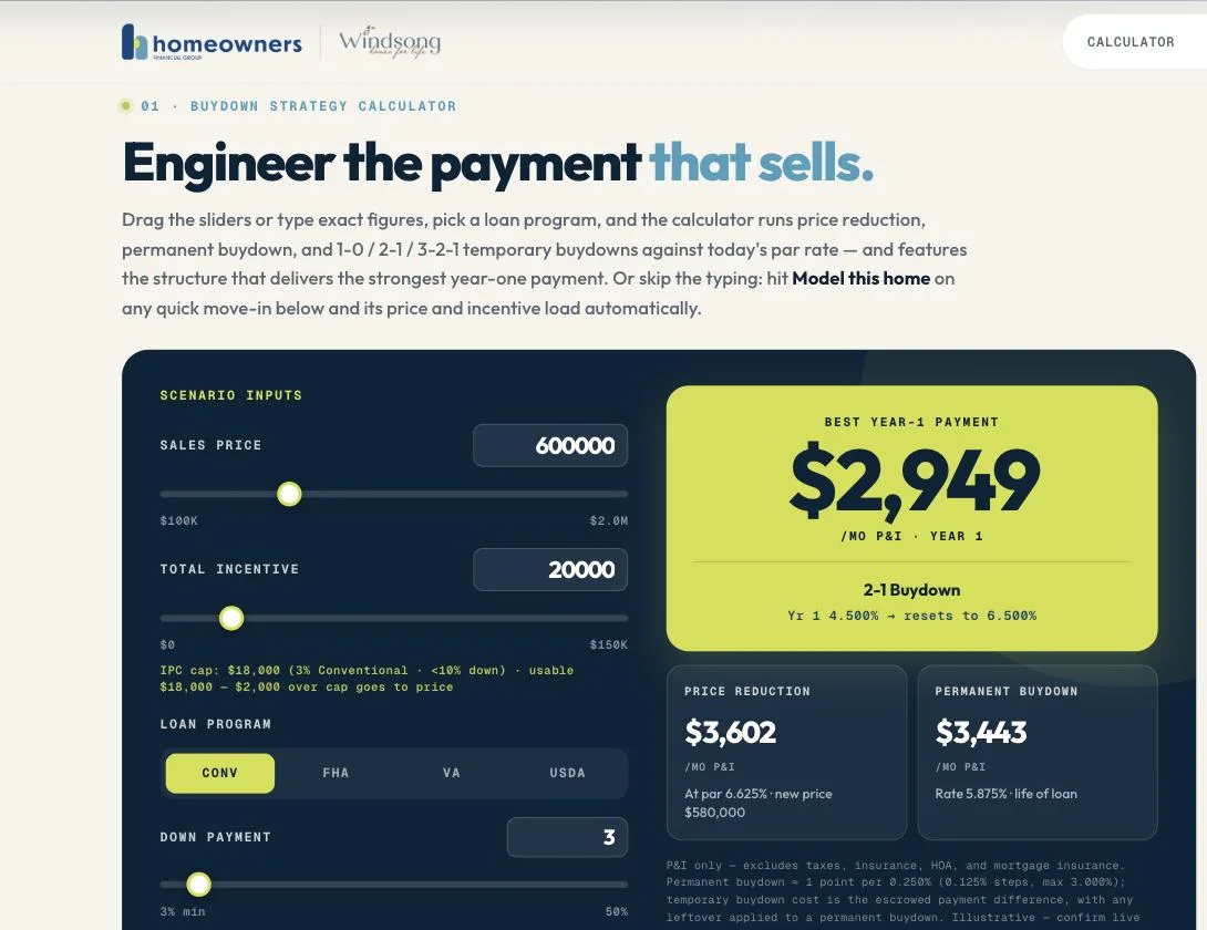 Example custom builder page: buydown strategy calculator