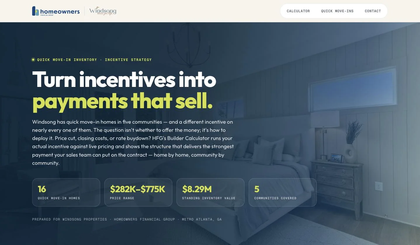 Example custom builder page: incentive strategy for quick move-in homes