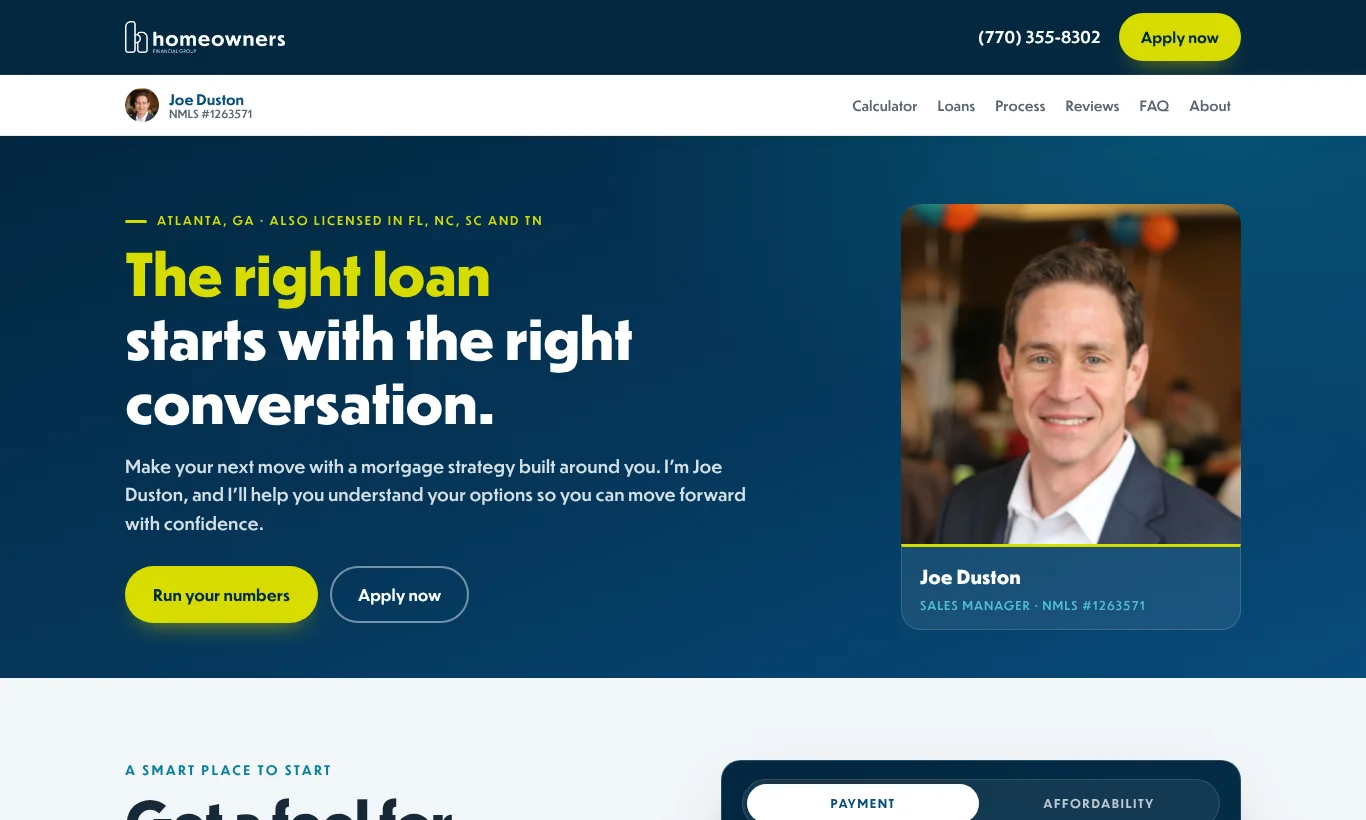 Example loan officer website, desktop